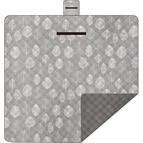 Manta de picnic extragrande de 200x200 cm con estampado de hojas, repelente al agua y forrada, para 4-6 personas, gris-blanco. (1/2)
