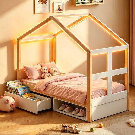 Lit en bois 90×190 cm avec tiroirs, meuble à chaussures, éclairage LED multicolore, sommier à lattes – lit simple enfant chambre (1/4)