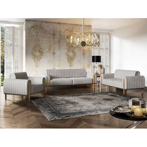Sofaset Designersofas VALERIE 3-2-1 in Stoff Elisa Velvet Hellgrau (1/5)