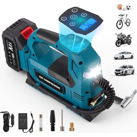 Compresseur à air portatif 150 PSI sans fil, mini compresseur d’air numérique avec lampe de travail LED et arrêt automatique, gonfleur pneus voiture pour auto, moto, vélo (3Ah batterie) (1/5)