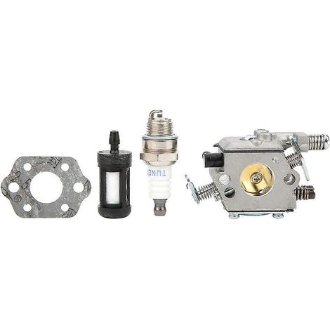 Ensemble de pièces détachées pour tronçonneuses Stihl S210, MS230 et MS250 : carburateur, bougie d'allumage et joint de filtre à carburant.
