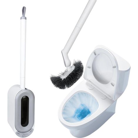 Brosse WC Suspendu Mural - Brosse Courbée à Manche Long avec Support Tête Amovible & Bac Égouttoir Installation Adhésive sans Perçage pour Toilettes et Salles de Bain (1/5)