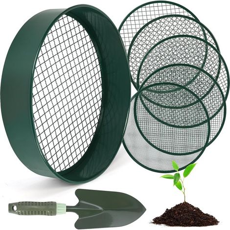 Tamis de jardinage en acier inoxydable de 30,5 cm avec 5 tamis fins remplaçables, 1 cuillère, tamis à sable, 3 mm, 5 mm, 8 mm, 10 mm, 12 mm (vert) (1/5)