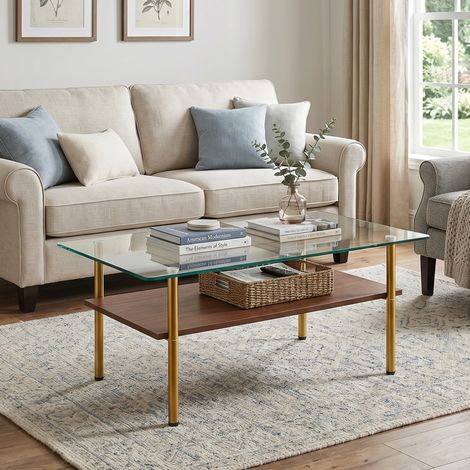 Table basse rectangulaire avec plateau en verre trempé, étagère MDF, structure en métal doré - brun (1/5)