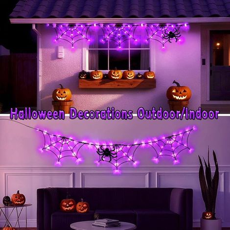 Lampe LED toile d'araignée - Décoration d'Halloween - 1,8 mètre, 3 toiles d'araignée - Violette - Boîtier à piles étanche avec télécommande - Comprend une lampe décorative araignée de 30 cm pour les f (1/4)