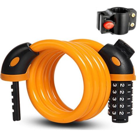 Cadenas à combinaison portable, antivol de vélo à câble en acier, haute sécurité, avec support de fixation, 5 chiffres, orange. (1/5)
