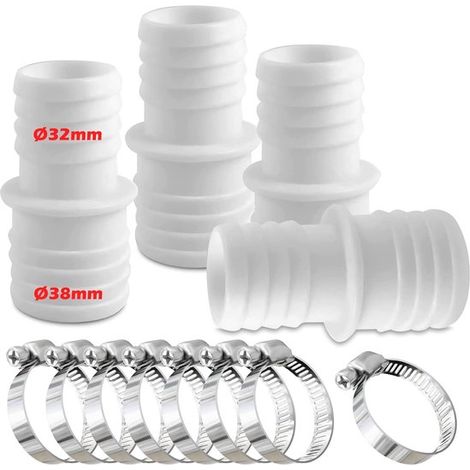 4 set di connettori per tubo da piscina con fascette, diametro da 32 mm a 38 mm, con 8 fascette stringitubo, adattatori per tubo da piscina, adattatori per tubo (1/5)