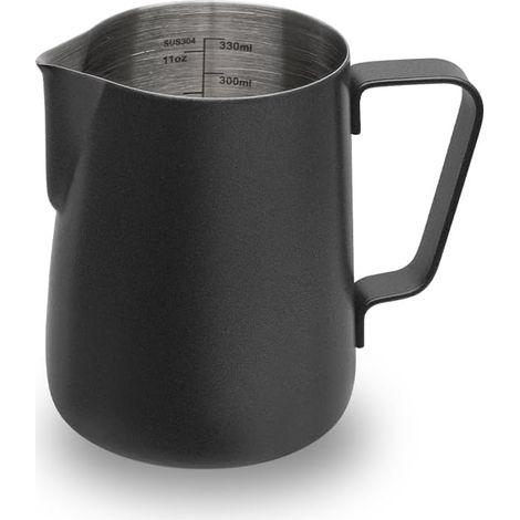 1 Pichet à lait 350 ml, Acier inoxydable noir, Bec anti-goutte, Lignes de mesure, Pour machine espresso (1/5)