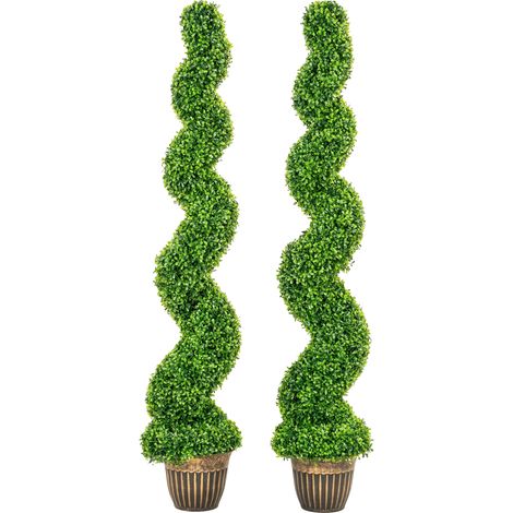 HOMCOM Set of 2 Potted Artificial Plants, Topiary Spiral Boxwood Trees (1/5)