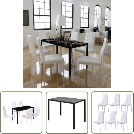 The Living Store 7-tlg. Essgruppe Schwarz und Weiß - Essgruppe - Esszimmermöbel - Glastisch - Metalltisch - Küchenstuhl (1/5)