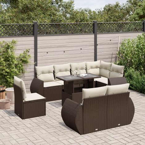 Set de sofás de jardín 9 pzas y cojines ratán sintético marrón vidaXL (1/5)