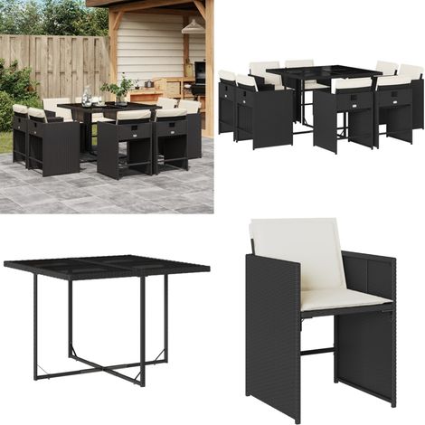 9-tlg. Garten-Essgruppe mit Kissen Schwarz Poly Rattan - Gartentisch - Esstisch - Gartenmöbel - Outdoor Möbel - Terrassenmöbel - Home & Living (1/5)