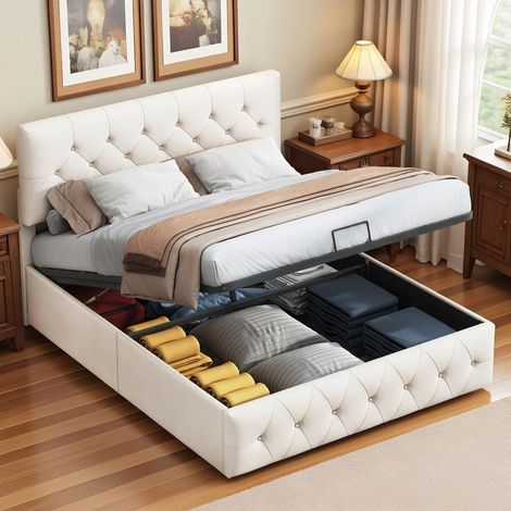 Lit coffre 160x200 avec tête de lit réglable,lit 2 Personnes avec rangement,cadre de lit 160x200 avec sommier à lattes,Velours,Beige (1/5)
