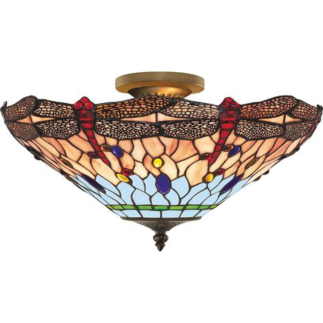 Searchlight Dragonfly - Plafonnier semi-affleurant à 3 ampoules en laiton antique, verre Tiffany, rouge, bleu, E14 (1/4)