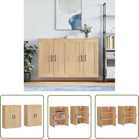 The Living Store Armoires murales 2 pcs chêne sonoma bois d'ingénierie - Armoire Murale - Meuble Rangement - Buffet - Commode - Étagère Murale (1/5)