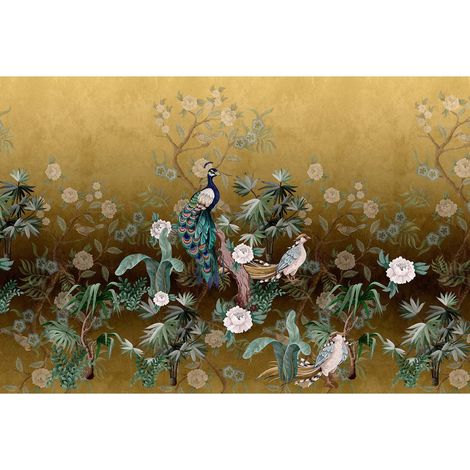 Papier peint panoramique jaune & doré oiseaux Tapisserie panoramique fleurie pour escalier Papier peint panoramique floral japonais pour salon (1/2)