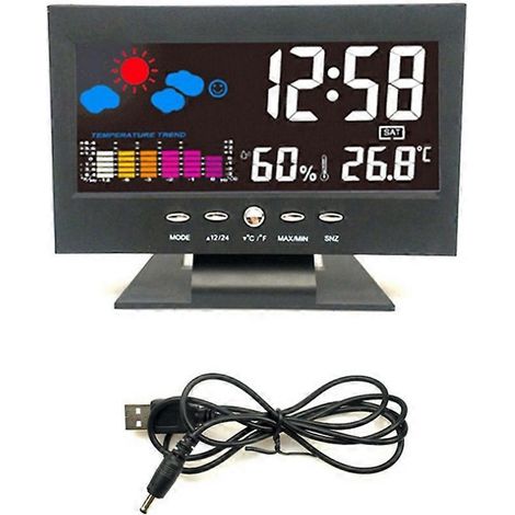 Digitaler Farb-LCD-Wecker mit Schlummerfunktion, Wettervorhersage, Temperatur-, Luftfeuchtigkeits-, Uhrzeit- und Datumsanzeige. Zeigt Uhrzeit und Datum an. (1/5)