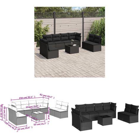Salon de jardin 9 pcs avec coussins noir résine tressée - Salon De Jardin - Mobilier De Jardin - Set Salon De Jardin - Résine Tressée - Rotin Synthétique - Home & Living (1/3)