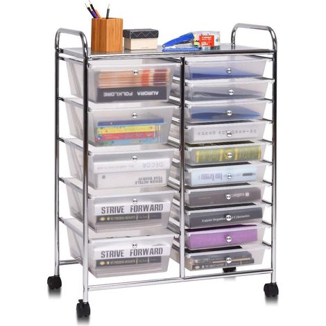 COSTWAY Carrito Auxiliar Almacenamiento con 15 Cajones Apilables y Ruedas Estructura Metálica, Carro Organizador para Cocina Restaurante (Transparente) (1/5)