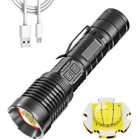 Linterna LED recargable superbrillante de 16000 lúmenes, linterna táctica de alta potencia XHP99 con zoom, 5 modos, linterna de camping con función de batería externa e indicador de batería. (1/4)