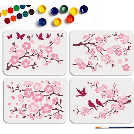 4 pochoir Floral Réutilisable Motif Fleurs de Cerisier 29.7 x 21cm avec Pinceau pour la Peinture la Décoration Murale les Meubles les Toiles et le Scrapbooking (1/5)