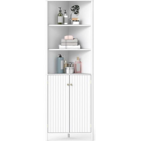 COSTWAY Mobile da Bagno Alto, Mobiletto d’Angolo a 5 Livelli con 2 Ante, 3 Scomparti Aperti e Ripiano Regolabile, per Soggiorno, Cucina e Lavanderia, 32 x 58 x 172,5 cm (Bianco) (1/5)