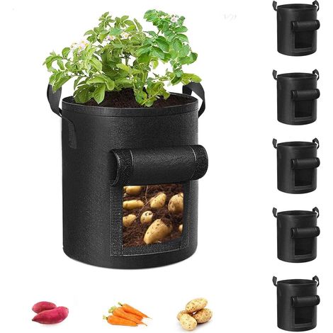 Lot de 5 sacs de culture de 10 gallons (environ 35,7 litres) pour pommes de terre, avec poignées renforcées, en tissu non tissé épais, convenant aux tomates, légumes et fruits. (1/5)