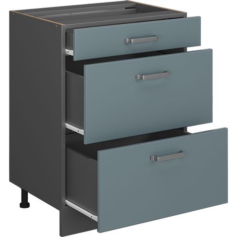 Mobiletto base per cucina R-Line, Grigio-blu, 60 cm con cassetti, senza piano di lavoro, Vicco (1/4)