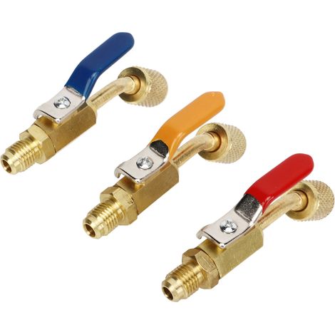 Six vannes à bille coudées compactes pour tuyaux de charge de réfrigérant adaptées au R410A, R134A, R12, R22 et R502. (1/5)