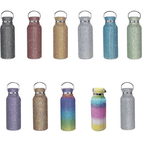 Bouteille d'eau en acier inoxydable ornée de strass, style diamant, 100 % neuve, noire. (1/5)
