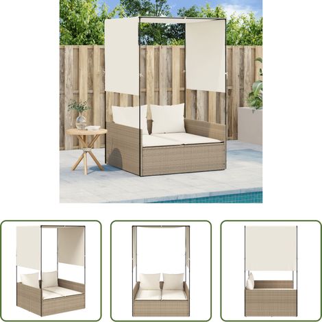 Chaise longue extérieure - Chaise longue double avec toit et rideaux beige résine tressée (1/5)
