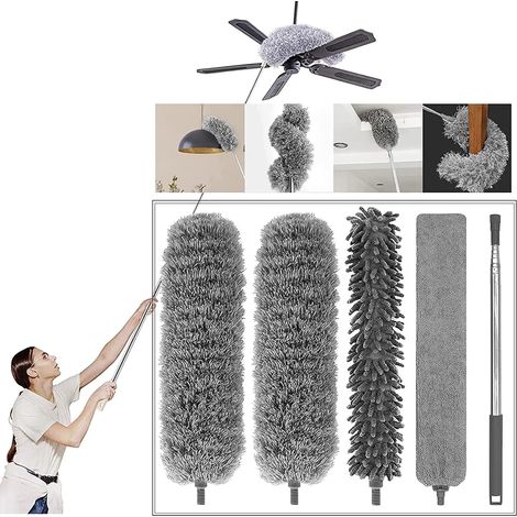 Plumeau Poussière - 5pcs Plumeau Microfibre avec Poignée en Acier Inoxydable, Plumeau Télescopique, Lavable Extensible (30-100inch) pour Voitures, Ventilateur de Plafond, Toile d'araignée, Meubles (1/5)