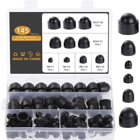 145 Pièces Cache Ecrou, M4 M5 M6 M8 M10 M12 Cache Boulon Noir Bouchon Ecrou Cache Tete de Vis Capuchon Ecrou, Hexagonal Protection Cache pour Écrous Vis Boulons