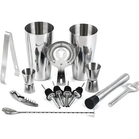 Kit de barman de mixologie, ensemble de shakers à Cocktail avec Boston Shaker/Jigger/verseurs, outil de Bar domestique pour le mélange de boissons, 14 pièces/ensemble, Argent (1/5)