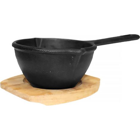 Gusseisenkuss® Soßentopf aus Gusseisen mit Holzuntersetzer Ø 12 cm Gusstopf 0,4 Liter