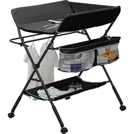 Baby Nappy Changing Table with Wheels and Storage, Folding Infant Care Station, Height Adjustable Changing Unit, Backache-Free Diaper Changing, Under 24 Month (Black) (1/5)