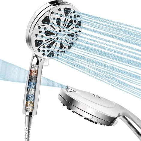 Pomme de douche et tuyau de 1,5 m avec filtre Kuyang haute pression avec 10 modes de pulvérisation, grand débit puissant pour eau dure basse pression, lavage puissant intégré pour nettoyer la (1/5)