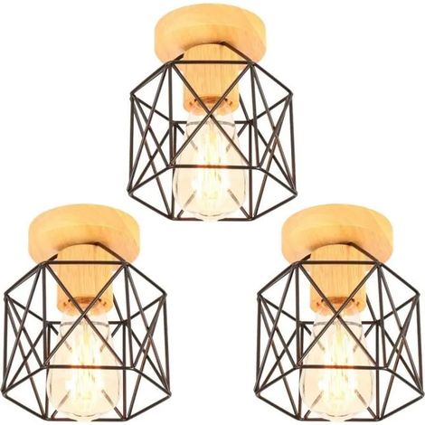 3pcs Plafonnier Industriel en Bois Métal Cage Carré,Lustre Abat-jour Fer Luminaire E27 60W Noir pour Salon Chambre (1/4)
