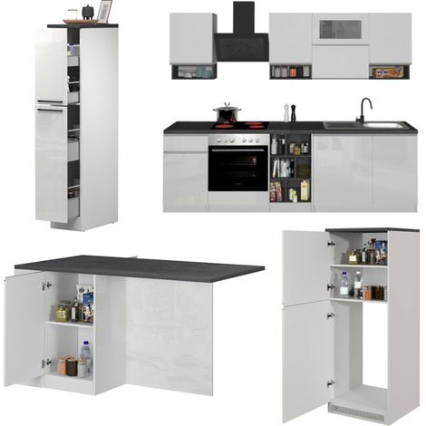 Dmora - Cucina completa Balme, Set con dispensa, Mobile per cucinotto, Kit blocco con isola e portafrigo, 100% Made in Italy, Bianco lucido e Ardesia (1/5)
