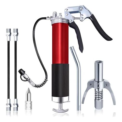 Gun de graisse à une main Gun de graisse Jeu de gun de graisse pour les graisseurs 8000 PSI avec poignée de pistolet et un couplage rapide pour cartouche 400g, connecteur renforcé (Rouge) (1/5)