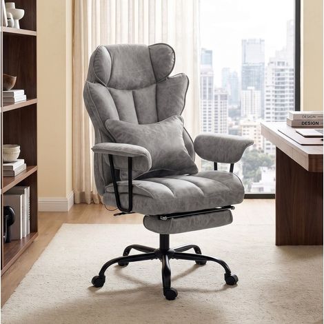Fauteuil de bureau gris en cuir régénéré, massage vibrant 6 points avec chaleur lombaire, dossier inclinable à 140°, repose-pieds escamotable, réglable en hauteur – CHICFURN (1/5)