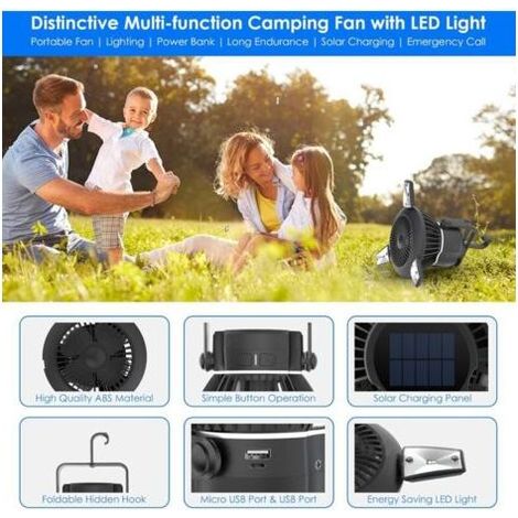 Tragbarer, leichter Campingventilator, wiederaufladbarer Zeltventilator, solarbetrieben, mit Aufhängehaken, USB-Tischventilator (1/5)