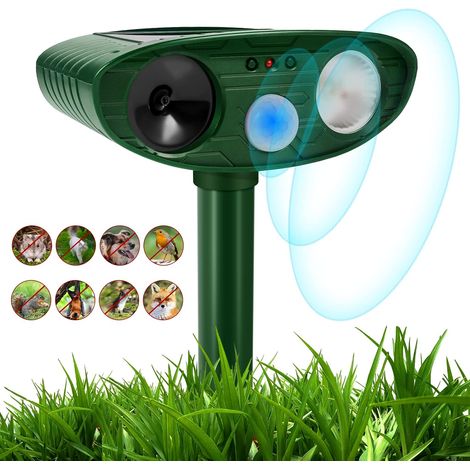 Répulsif pour chat, répulsif solaire pour animaux, jardin étanche, répulsif pour animaux à ultrasons avec lampe flash LED et haut-parleur à capteur de mouvement PIR, utilisé dans les jardins (1/5)