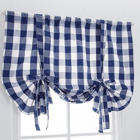 Cortina corta de cocina para ventana pequeña, de algodón y lino con estampado de cuadros vichy azul opaco - Con lazos, cortina tipo café, estores romanos (1/5)