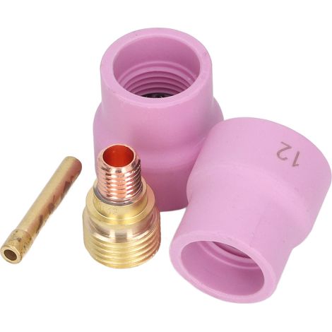 4-teiliges WIG-Schweißzubehörset: 2,4 mm Keramikdüse, Gaslinse, abgewinkelte Düse, Elektrodenklemme. (1/5)