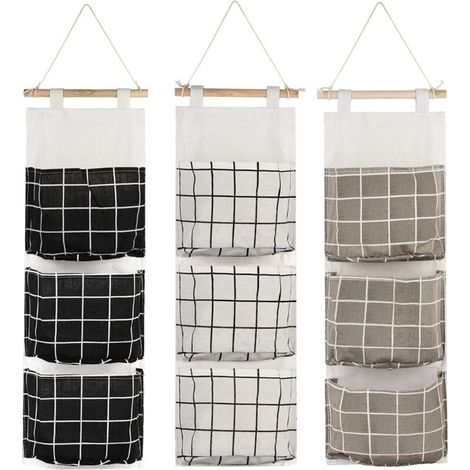 Organiseur Mural à 3 Poches, Sac de Rangement Suspendu Étanche en Tissu Élégant pour Chambre, Salle de Bain et Cuisine, Noir Gris Blanc (1/5)