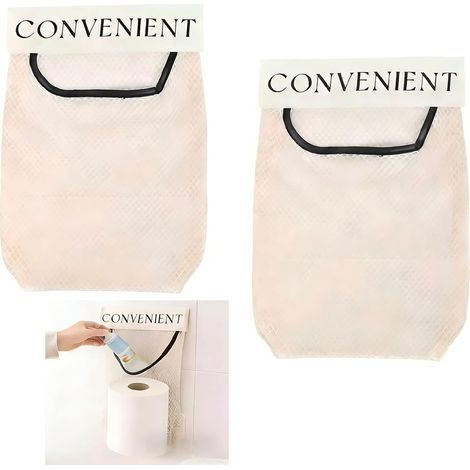 Confezione da 2 sacchetti a rete adesivi per riporre oggetti, sacchetti da appendere, sacchetti salvaspazio per armadi, cucina e bagno. (1/5)