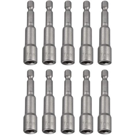 Lot de 10 douilles magnétiques 7 x 65 mm, tige hexagonale 1/4", jeu de douilles hexagonales, adaptateur pour perceuse, visseuse sans fil (1/3)