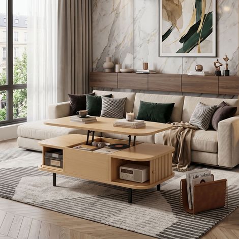 Creahappy Table Basse Relevable 101x51 cm - Plateau Rétractable Gain de Place & Coffre - Style Bois Naturel Salon Bureau (1/5)