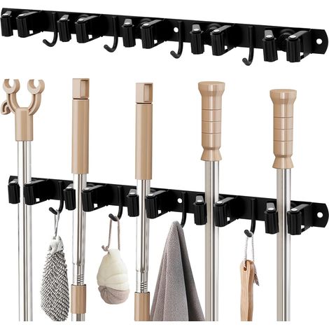 Juego de 2 escoberos de pared de acero inoxidable con 5 soportes + 4 ganchos, portaescobas, portaherramientas de pared para jardín, balcón, baño, jardín, cocina (1/5)